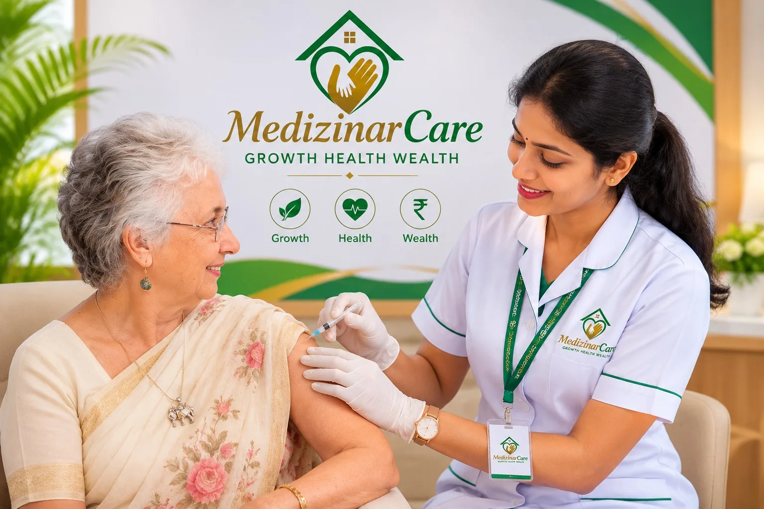 Medizinar Care caregiver supporting elderly patient at home in Kerala
